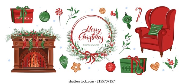 Collection of christmas winter holiday decorations. Christmas elements for design.  Fireplace with socks, stockings, gifts, plants and  decor. Vector illustration