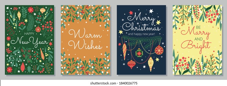 Collection of Christmas and winter holidays greeting cards with hand drawn decoration elements. Vector template.