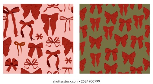 Collection of Christmas wrapping paper. Seamless pattern with red bows. Holiday pattern. Editable vector illustration.