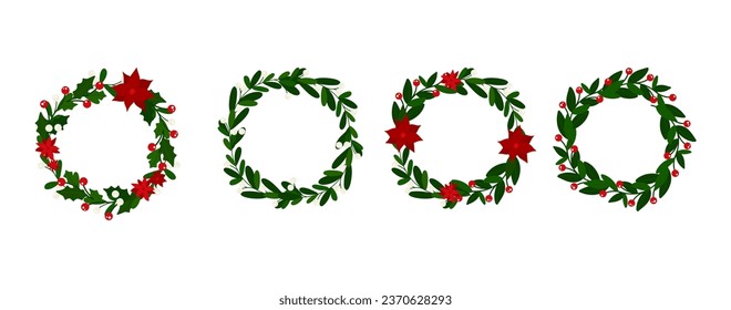 Collection of Christmas wreaths. Christmas decor. Vector flat illustration isolated on white background