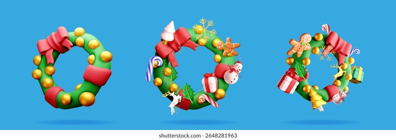 Collection of Christmas wreaths with decorations. Holiday winter symbols. Modern 3d vector stock cartoon illustration set for Christmas card.