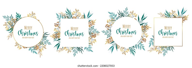 Colección de coronas navideñas con ramas de abetos, bayas, hojas y otros elementos. Marcos para el diseño invernal como tarjeta de Navidad, afiche, invitación, pancarta. Vector