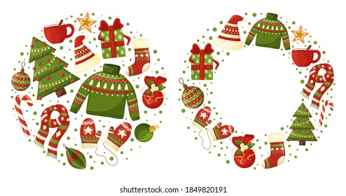 Collection of Christmas wreaths with seasonal elements. Modern design for Holidays invitation card, poster, banner, postcard, print. Vector illustration.