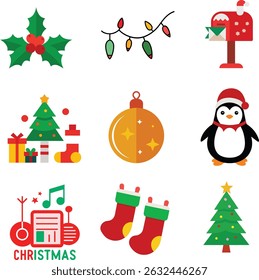 A collection of Christmas-related items such as Christmas tree, Christmas lights, Christmas music playlist, candy cane and Christmas elements.