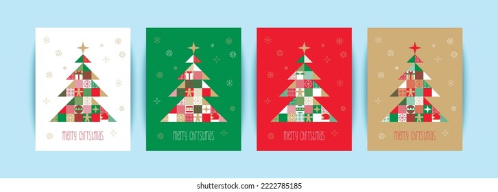Colección de volante de vectores de masas de cristales. Árbol decorado con copos de nieve, regalos, rocío de miel y gorra de santa. Colorida ilustración plana vectorial invernal.