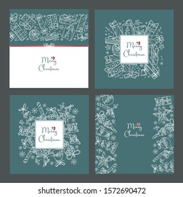 Collection of Christmast and New Yea backgrounds with presents and Christmas decorations. Vector hand drawn illustration