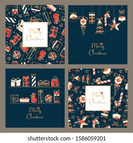 Collection of Christmast and New Yea gold backgrounds with presents and Christmas decorations. Vector hand drawn illustration