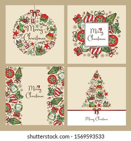 Collection of Christmast and New Year cards with Christmas decorations and Christmas tree. Vector hand drawn illustration.