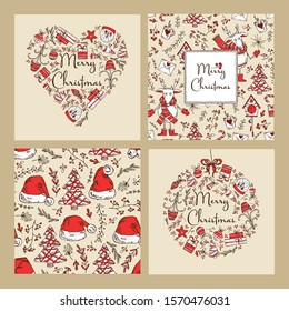 Collection of Christmast and New Year cards with Christmas decorations,  deer and seamless pattern with  hat of Santa Claus. Vector hand drawn illustration