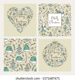 Collection of Christmast and New Year cards with Christmas decorations,  deer and seamless pattern with  hat of Santa Claus. Vector hand drawn illustration