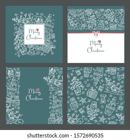 Collection of Christmast New Year cards with Christmas present, snowman, candy and tree. Vector hand drawn illustration