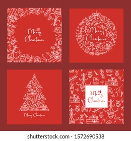 Collection of Christmast and New Year cards with Christmas decorations, holliday tree and present. Vector hand drawn illustration