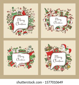 Collection of Christmast and New Year cards with Christmas present, snowman, candy, tree, horse and Christmas decorations. Vector hand drawn illustration