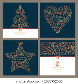 Collection of Christmast and New Year golden cards with Christmas decorations and holiday tree. Vector hand drawn illustration