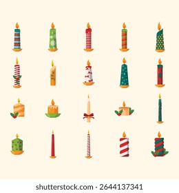 Collection of Christmas-themed candle illustrations. Each candle displays a unique design pattern, and the style is a flat illustration that features a depiction of a flame.  