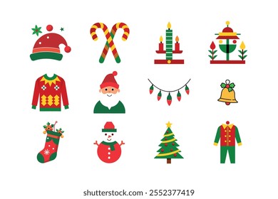 Collection of Christmas-themed icons featuring Santa Claus, reindeer, holly, Christmas trees, gift boxes, gingerbread man, festive train, candy cane, party poppers, Christmas lights, and a Santa hat. 