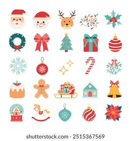 A collection of Christmas-themed icons, including Santa Claus, reindeer, Christmas trees, and presents