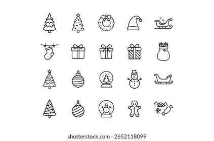 Collection of Christmas-themed icons, including trees, gifts, ornaments, Santa hat, sleigh, stocking, snow globes, snowman, gingerbread man, and candies, in a simple line art style.