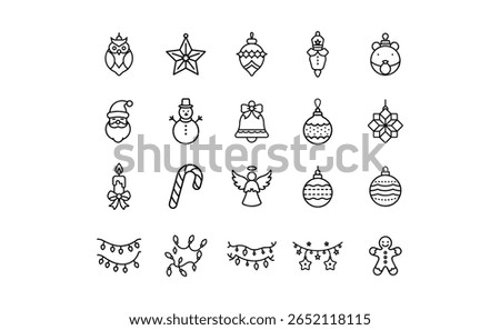 A collection of Christmas-themed line art icons, including ornaments, Santa, snowman, angel, and lights. All icons are black and white.