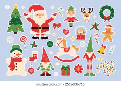 A collection of Christmas-themed stickers featuring Santa Claus, elves, reindeer, and other festive characters