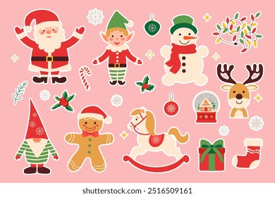 A collection of Christmas-themed stickers featuring Santa Claus, elves, snowmen, reindeer, and other festive characters