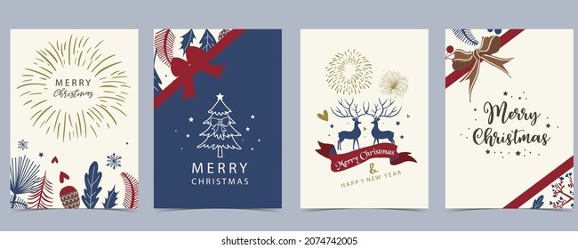 Colección de fondo de navidad con ciervo, fuegos artificiales, cinta