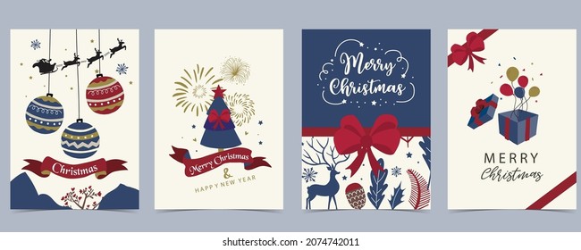 Collection of chritsmas background set with deer,firework,ribbon