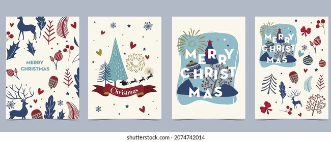 Collection of chritsmas background set with deer,firework,tree
