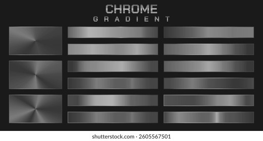 Collection of chrome metallic gradient. Brilliant plates with silver effect. Vector illustration.