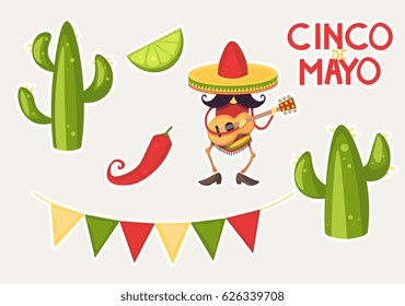 Collection of Cinco de Mayo design elements. Musician with a mustache and guitar, chili pepper, lime, cactus and garland flags.