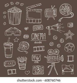 Collection cinema elements and symbols: cinema, movie slap, popcorn, ticket, TV, video camera, 3d glasses.. Hand drawn doodles illustration