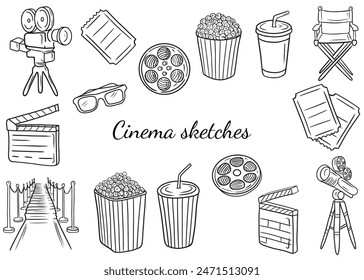 Collection of cinema equipment camera, film strip, clap board, striped carton box with popcorn, cola drink, tickets for movie watching, red carpet way, director chair. Hand drawn vector sketch.