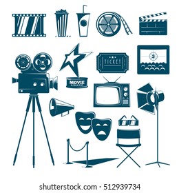 Collection of cinema icons in retro style. Cinematography black pictograms  with film  projector and other design elements. Can be used as template for movie poster, banner, print and web design.