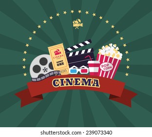 Collection of cinema industry symbols. Pop corn and snack, 3d glasses, paper ticket, film production and clapboard with red ribbon and movie sign