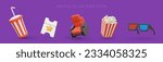 Collection of cinema isolated colorful illustrations. 3D icons on purple background. Graphic elements of web design for movie theatre. Image in cartoon style