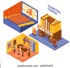 Collection Of Cinema Isometric Compositions With Viewers In Auditorium Visitors In Foyer And Entrance In Movie Theatre Vector Illustration 