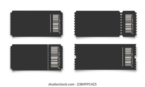 Collection of cinema realistic tickets vector template. Retro black paper coupons for event, discount voucher mockup with barcode and text space on white background. Concert, movie, raffle blank pass.