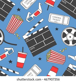 Collection of cinema symbols hand drawn seamless pattern. Doodle colorful backdrop. Cinema icon and entertainment icon set vector
