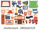 Collection of cinema themed vector clipart icons with popcorn, camera, screen and theater elements.