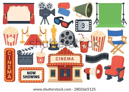 Collection of cinema themed vector clipart icons with popcorn, camera, screen and theater elements.