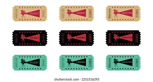 A collection of cinema tickets, realistic illustration of the front view.