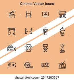 Collection of cinema vector icons showcasing various movie and film-related elements suitable for entertainment and media themes.