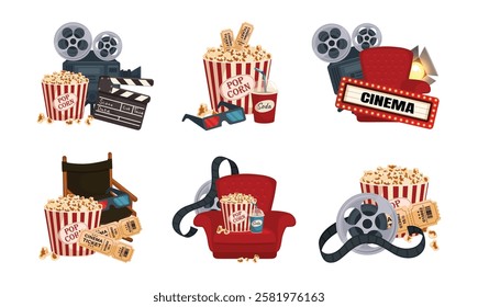 A collection of cinema-themed illustrations featuring popcorn, film reels, a director's chair, movie tickets, and a cinema sign.