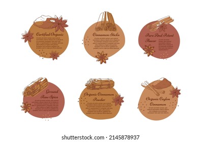 Collection cinnamon sticks labels engraved vector illustration. Set dry flavor spices organic powder certified pure product poster place for text isolated. Seasonings vintage menu aromatic condiment