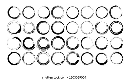 Collection of circle black borders isolated. Set of round grunge frames. Vector illustration. 