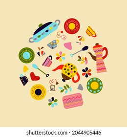 Collection in circle of color kitchen utensils. Group of objects for design menu or cafe. Set of teapots, plates, mugs and flowers for tea ceremony. Decor with ornaments. Vector isolated illustration