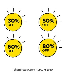 Collection of circle design tag for discount offer. Yellow discount tag for sale promotion
