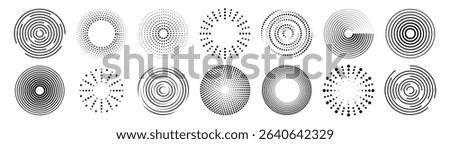 Collection of circle dots, ripple, concentric vector icons. Halftone circle graphic design elements	