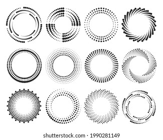Collection of circle dotted halftone frame vector flat illustration. Set of monochrome circular dots pattern design elements for decor isolated. Rounded border texture with gradient vintage effect