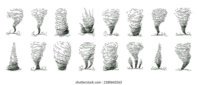 Collection of circle dust spin fast twirl blow eddy blizzard isolated on white sky backdrop. Freehand outline black ink hand drawn tornado sketch set in art scribble on white background landscape.